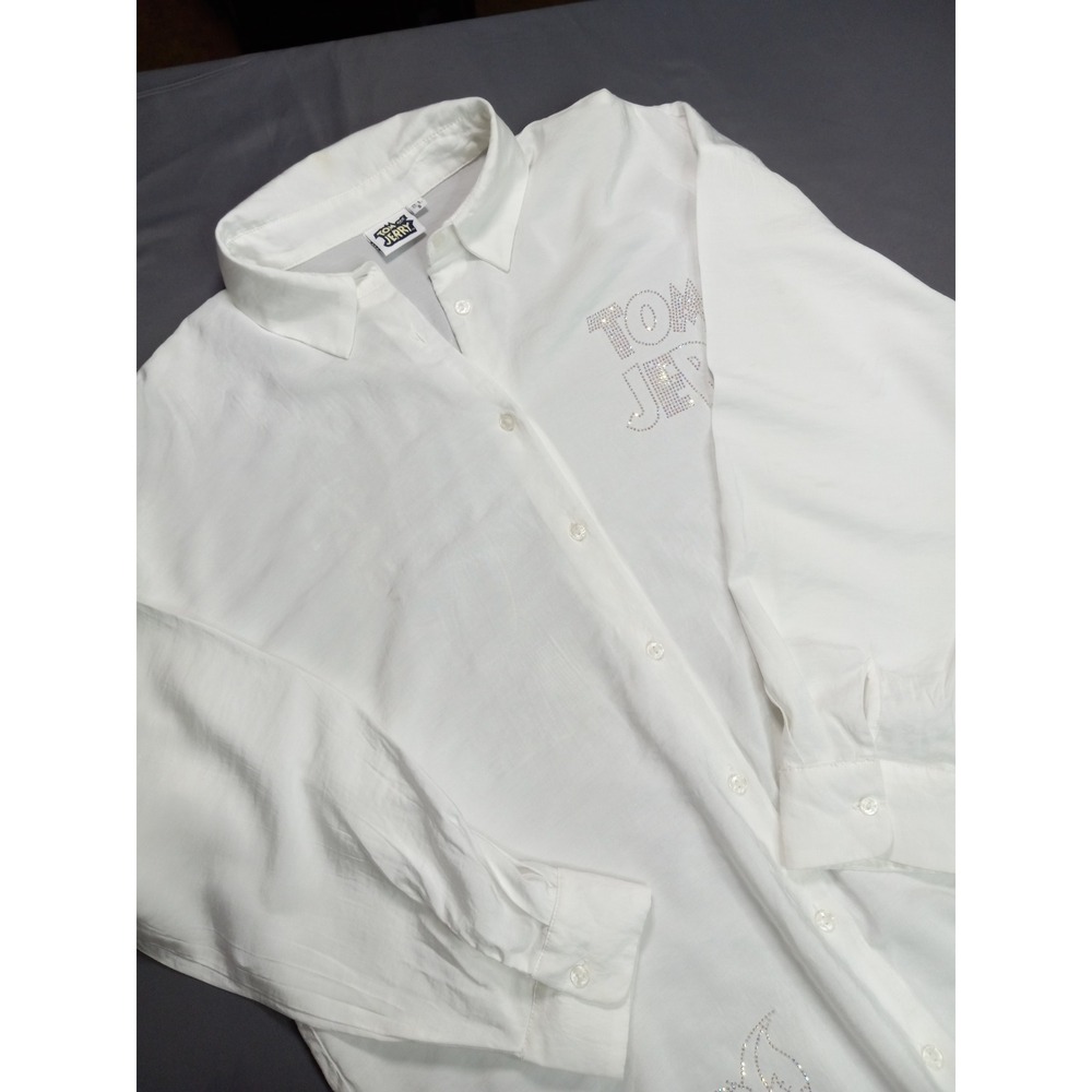 Oversized Y2K Tom and Jerry Rhinestone Button Up Shirt White Small